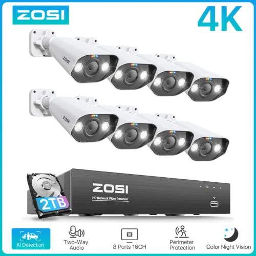 Zosi 8ch poe kit de vigilância de vídeo 4k 8mp 5mp super hd câmeras ip ao ar livre ai starlight visão noturna cctv sistema de câmera de segurança