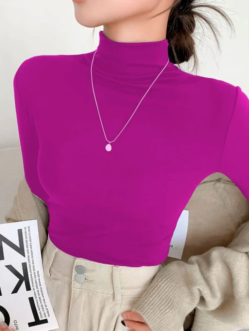 Blusa Gola Alta Manga Longa T-shirt Feminina Elegante Casual Trabalho - Imagem 5