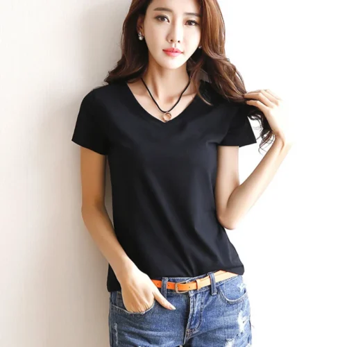 Blusa casual de manga curta feminina gola redonda, camiseta de verão, tops de cor sólida, preto e branco, 2021 - Imagem 22