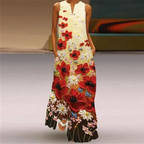 Vintage impressão feminina vestido de verão 2023 verão moda com decote em v sem mangas vestido longo elegante senhoras maxi vestidos femme - Imagem 10