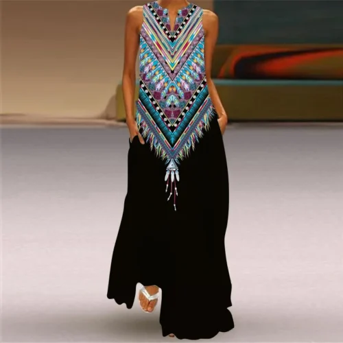 Vintage impressão feminina vestido de verão 2023 verão moda com decote em v sem mangas vestido longo elegante senhoras maxi vestidos femme - Imagem 76