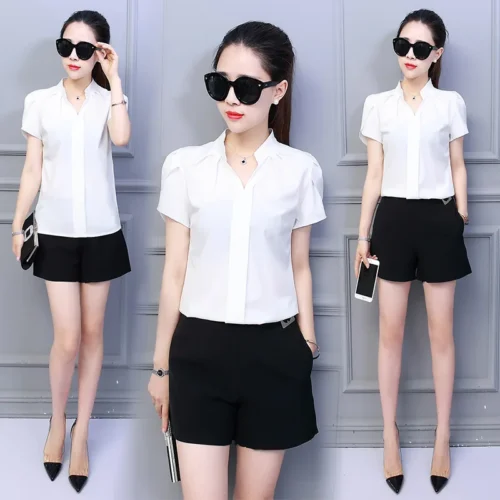 Moda coreana das mulheres topos e blusas chiffon blusas femininas manga curta camisas brancas xxl senhoras topos - Imagem 3