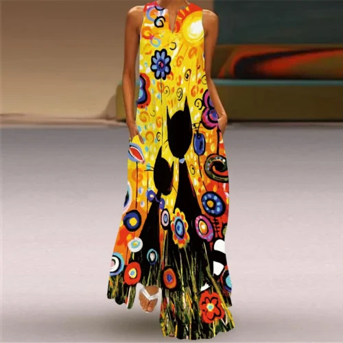 Vintage impressão feminina vestido de verão 2023 verão moda com decote em v sem mangas vestido longo elegante senhoras maxi vestidos femme - Imagem 45