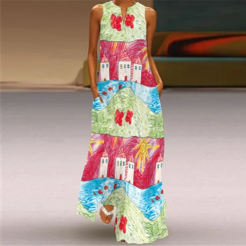 Vintage impressão feminina vestido de verão 2023 verão moda com decote em v sem mangas vestido longo elegante senhoras maxi vestidos femme - Imagem 67