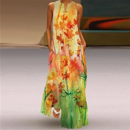 Vintage impressão feminina vestido de verão 2023 verão moda com decote em v sem mangas vestido longo elegante senhoras maxi vestidos femme - Imagem 25