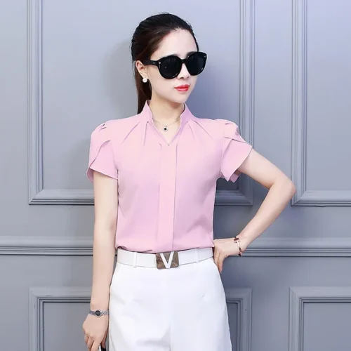 Moda coreana das mulheres topos e blusas chiffon blusas femininas manga curta camisas brancas xxl senhoras topos - Imagem 8
