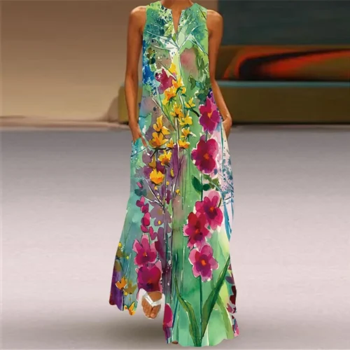 Vintage impressão feminina vestido de verão 2023 verão moda com decote em v sem mangas vestido longo elegante senhoras maxi vestidos femme - Imagem 66