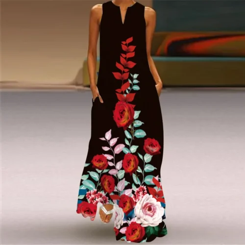 Vintage impressão feminina vestido de verão 2023 verão moda com decote em v sem mangas vestido longo elegante senhoras maxi vestidos femme - Imagem 7