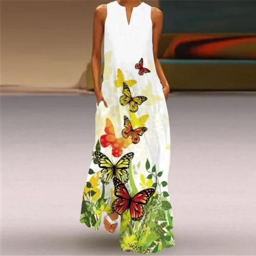 Vintage impressão feminina vestido de verão 2023 verão moda com decote em v sem mangas vestido longo elegante senhoras maxi vestidos femme