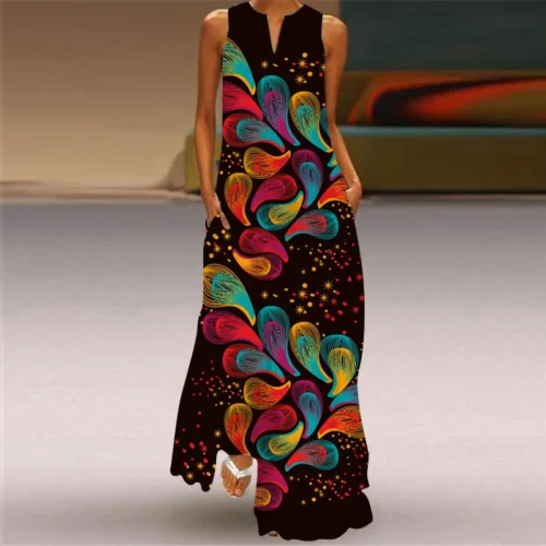 Vintage impressão feminina vestido de verão 2023 verão moda com decote em v sem mangas vestido longo elegante senhoras maxi vestidos femme - Imagem 44