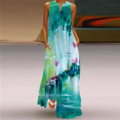 Vintage impressão feminina vestido de verão 2023 verão moda com decote em v sem mangas vestido longo elegante senhoras maxi vestidos femme - Imagem 64