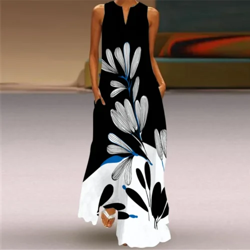 Vintage impressão feminina vestido de verão 2023 verão moda com decote em v sem mangas vestido longo elegante senhoras maxi vestidos femme - Imagem 17