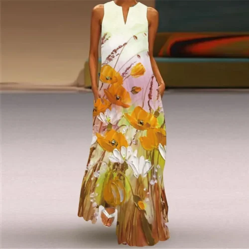 Vintage impressão feminina vestido de verão 2023 verão moda com decote em v sem mangas vestido longo elegante senhoras maxi vestidos femme - Imagem 34