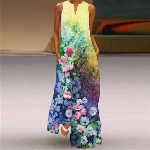Vintage impressão feminina vestido de verão 2023 verão moda com decote em v sem mangas vestido longo elegante senhoras maxi vestidos femme - Imagem 29