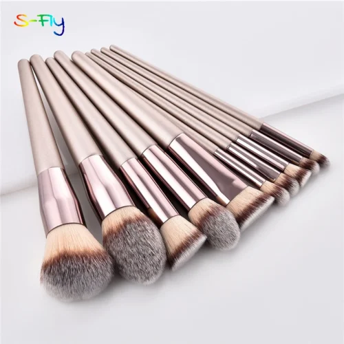 Conjunto de 4 ou 10 pincéis de maquiagem, cor champanhe, para cosméticos, pó, blush, sombra, kabuki, mistura, ferramenta de beleza