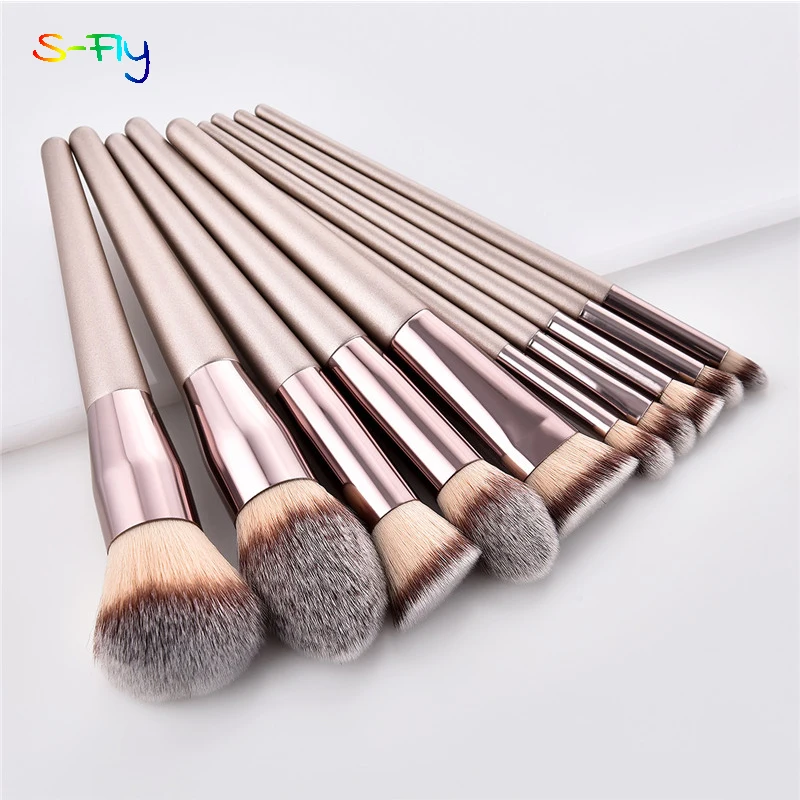 Conjunto de 4 ou 10 pincéis de maquiagem, cor champanhe, para cosméticos, pó, blush, sombra, kabuki, mistura, ferramenta de beleza