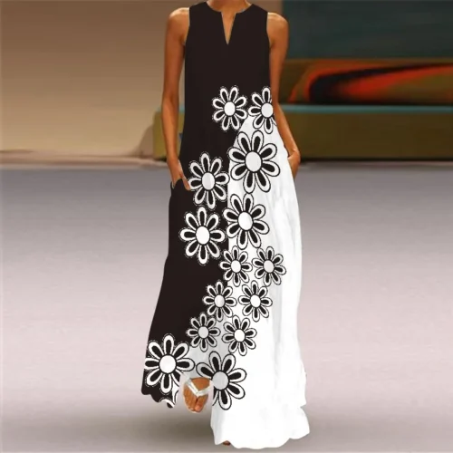 Vintage impressão feminina vestido de verão 2023 verão moda com decote em v sem mangas vestido longo elegante senhoras maxi vestidos femme - Imagem 9