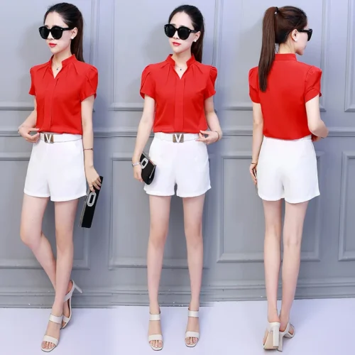 Moda coreana das mulheres topos e blusas chiffon blusas femininas manga curta camisas brancas xxl senhoras topos - Imagem 6