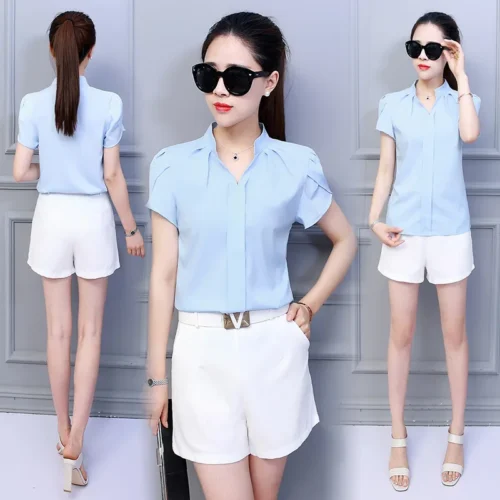 Moda coreana das mulheres topos e blusas chiffon blusas femininas manga curta camisas brancas xxl senhoras topos - Imagem 4