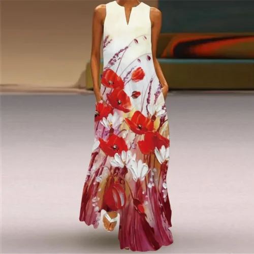 Vintage impressão feminina vestido de verão 2023 verão moda com decote em v sem mangas vestido longo elegante senhoras maxi vestidos femme - Imagem 46
