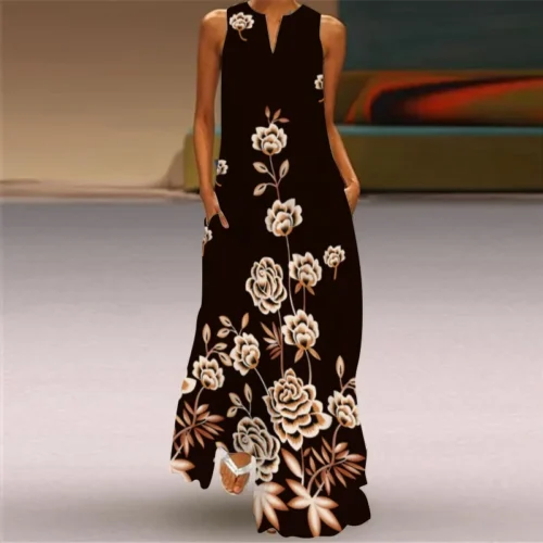 Vintage impressão feminina vestido de verão 2023 verão moda com decote em v sem mangas vestido longo elegante senhoras maxi vestidos femme - Imagem 8