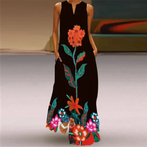 Vintage impressão feminina vestido de verão 2023 verão moda com decote em v sem mangas vestido longo elegante senhoras maxi vestidos femme - Imagem 11