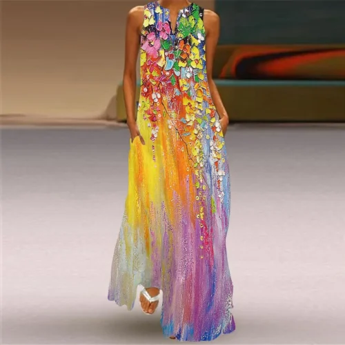 Vintage impressão feminina vestido de verão 2023 verão moda com decote em v sem mangas vestido longo elegante senhoras maxi vestidos femme - Imagem 79