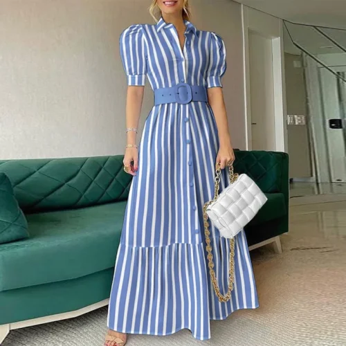 Listrado maxi vestido feminino verão 2022 nova moda elegante causal festa escritório senhora branco azul voltar vestidos longos - Imagem 15