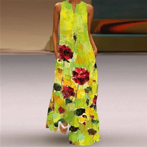 Vintage impressão feminina vestido de verão 2023 verão moda com decote em v sem mangas vestido longo elegante senhoras maxi vestidos femme - Imagem 72