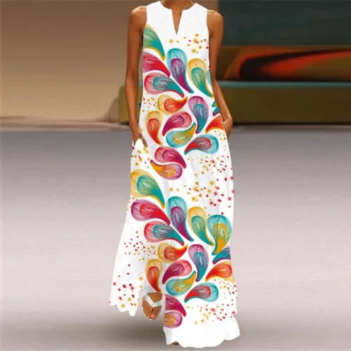 Vintage impressão feminina vestido de verão 2023 verão moda com decote em v sem mangas vestido longo elegante senhoras maxi vestidos femme - Imagem 43