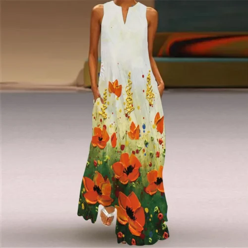 Vintage impressão feminina vestido de verão 2023 verão moda com decote em v sem mangas vestido longo elegante senhoras maxi vestidos femme - Imagem 2