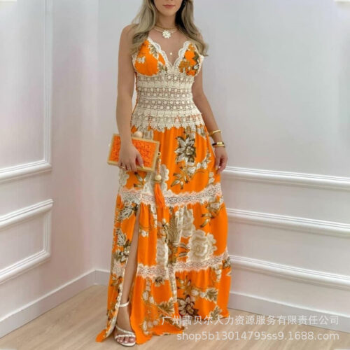 Vestido de Praia Feminino com Painel de Bordas, Saia Longa, Decote V, Estampado, Férias Europeu e Americano, Sexy, Verão, 2022 - Imagem 12
