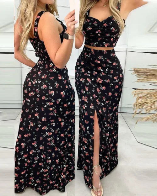 Conjunto feminino de 2 peças boho praia, saia sexy, top cropped, saia longa maxi, divisão floral estampada, cintura alta, casual, verão - Imagem 3