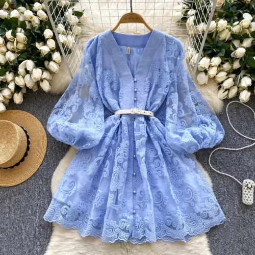 Francês doce decote em v lanterna manga mini vestido de verão feminino bordado flor malha retalhos cinto casual praia a linha festa robes - Imagem 7