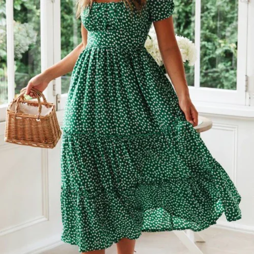 Verão feminino praia doce vestidos vintage impressão puff manga casual gola quadrada floral feminino maxi vestido longo