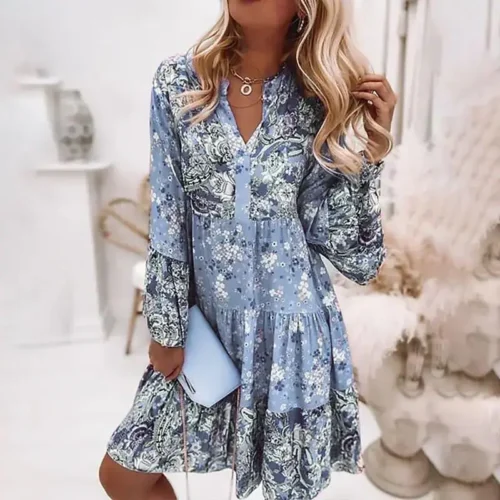 Casual floral impressão vestidos para as mulheres 2024 sping verão boho v pescoço solto uma linha vestido elegante praia vestido de festa robe femme - Imagem 14