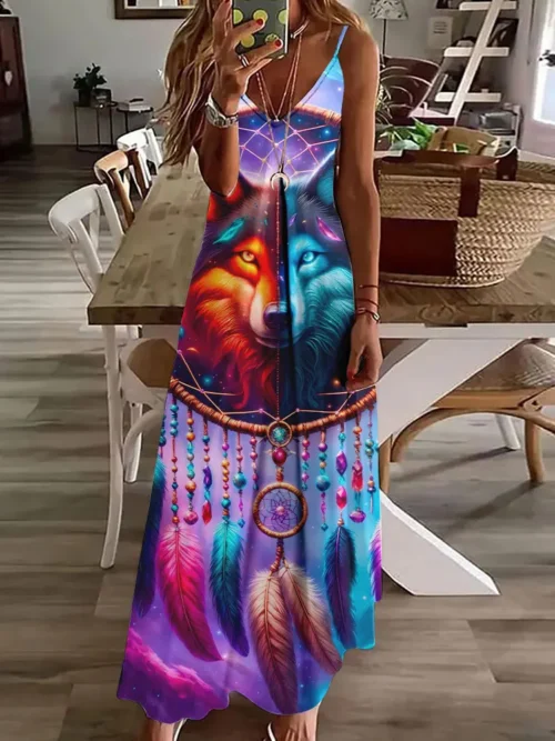 2024 novo vestido de estampa vintage de coruja 3D, sem mangas, longo, feminino, padrão tribal, pulseira de espaguete, verão, vestido longo e solto - Imagem 23
