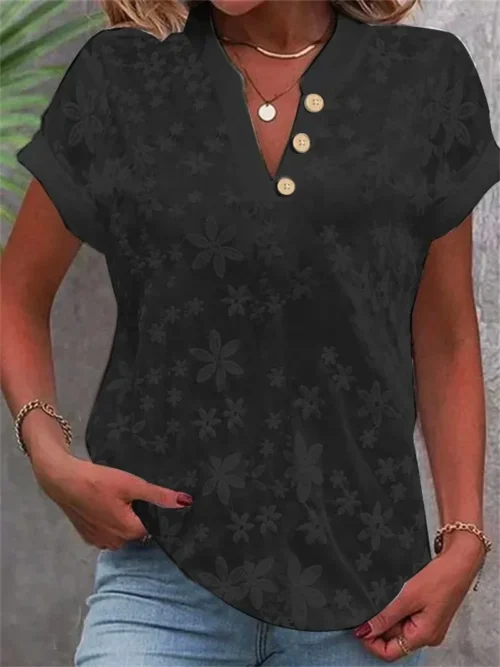 Verão casual camisa com decote em v blusa feminina moda branco jacquard camisas de manga curta feminina 2024 escritório senhoras blusa elegante topos - Imagem 5