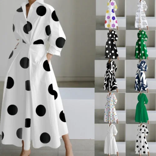 Vestido de outono manga longa dot print elegante maxi vestidos para as mulheres 2024 branco casual com decote em v camisa festa vestido longo robe femme - Imagem 16