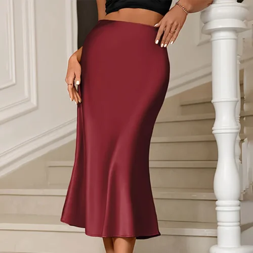 Y. KUKU saia midi feminina novo cetim brilhante saias de cintura alta marca casual moda vintage verão chique feminino faldas saia - Imagem 5