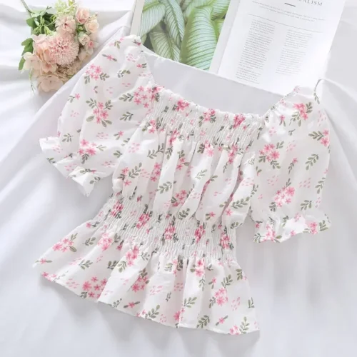 Doce flor quebrada Slash Neck Blusa para mulheres, Agaric Edge Plissado Design, cintura elástica fina Cropped Top, camiseta de chiffon bonito, verão - Imagem 7