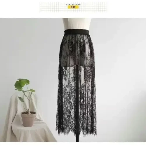 2 comprimento elegante saia preta renda branca transparente longa saia de tule senhoras elástica cintura alta praia midi saia transporte da gota - Imagem 7
