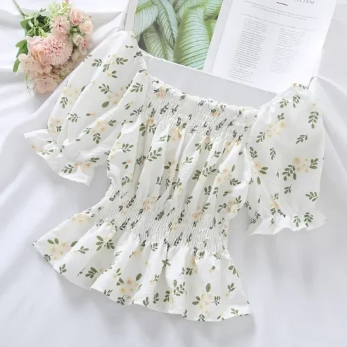 Doce flor quebrada Slash Neck Blusa para mulheres, Agaric Edge Plissado Design, cintura elástica fina Cropped Top, camiseta de chiffon bonito, verão - Imagem 2