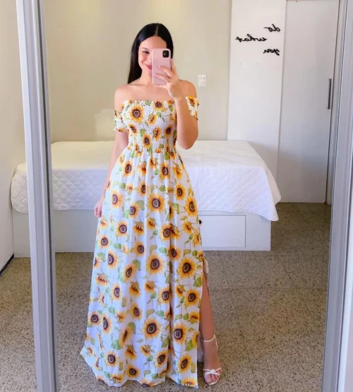 Elegante feminino fora do ombro midi vestido 2024 verão moda vestidos de cintura alta flor impressão manga curta vestidos robe roupas - Imagem 22