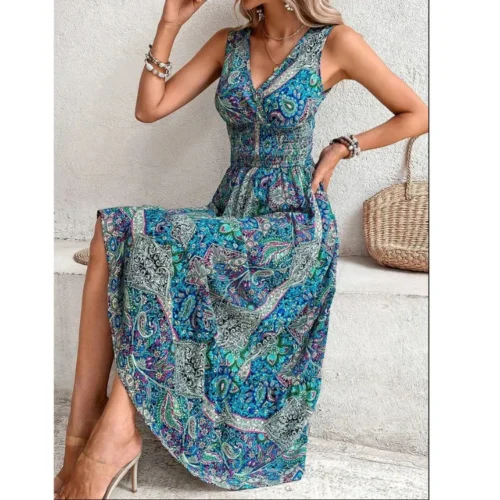 Verão boho vestidos femininos fahsion sem mangas impressão praia vestidos de festa 2024 elegante casual férias para mulher longo a linha vestido - Imagem 7