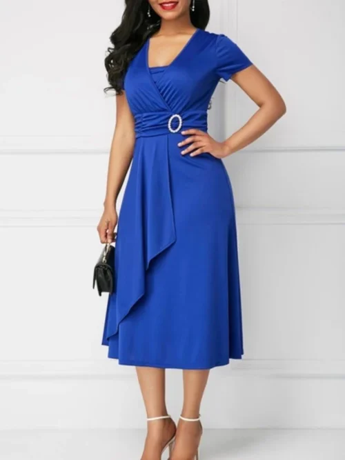 Vestidos de verão elegantes femininos cor sólida manga curta com decote em v assimétrico bainha cintura apertada midi vestido de festa senhoras vestidos de noite - Imagem 3