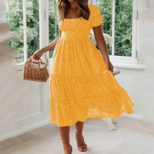 Verão feminino praia doce vestidos vintage impressão puff manga casual gola quadrada floral feminino maxi vestido longo - Imagem 8