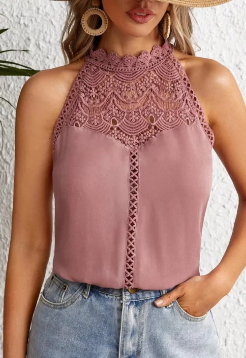Elegante sem mangas camisa feminina 2025 verão rosa moda oco estilo renda regata para mulheres topos bloues camisas de mulher xxl - Imagem 15