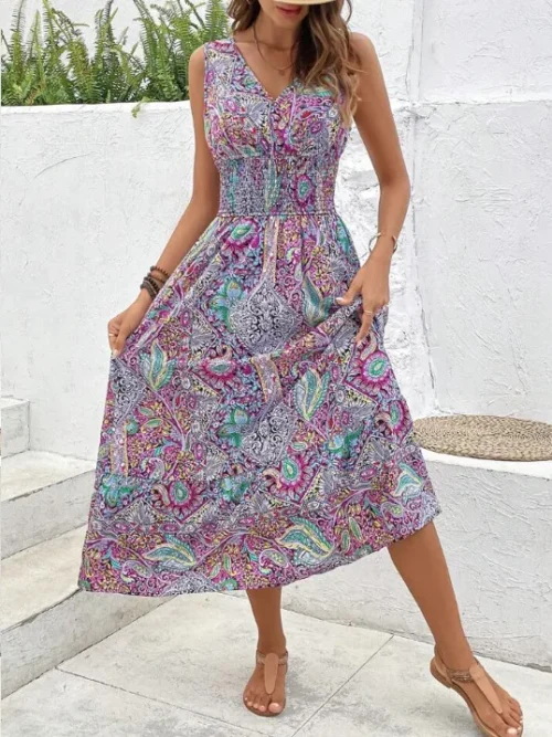 Verão boho vestidos femininos fahsion sem mangas impressão praia vestidos de festa 2024 elegante casual férias para mulher longo a linha vestido - Imagem 19