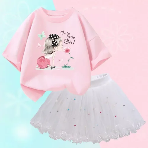 Conjunto de duas peças feminino, saia de malha tutu e camiseta, roupa de festa infantil, bonita coreana, moda verão, 3-14 anos - Imagem 4